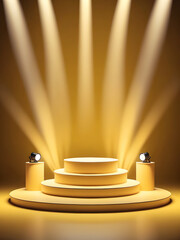 Fototapeta premium Abstract yellow stage with one round podium in light beam with light spot mockup for presentation cosmetic products, Generative AI