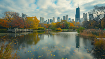 Downtown Chicago Skyline View from Lincoln Park