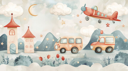 Obraz premium Whimsical Pastel Baby Nursery Watercolor Featuring Airplanes & Fire Trucks