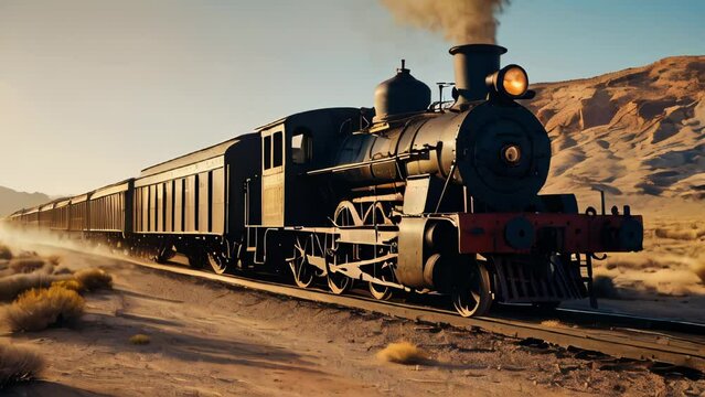 an old steam locomotive train with wagons drives through a desert