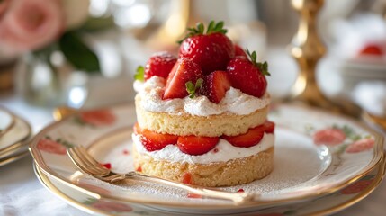 Elegant Strawberry Shortcake Served with a Golden Fork at a Sophisticated Table Setting