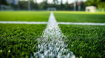 Close Up View of Soccer Field Grass with Cleat Impressions and White Line Markings