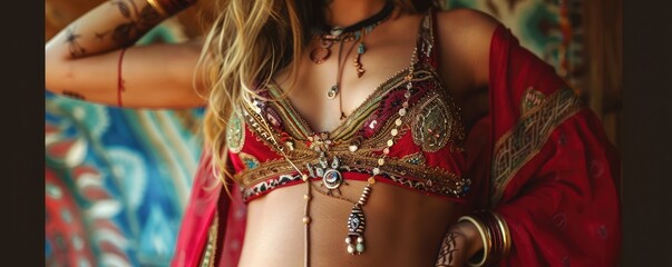 Obraz premium The images show women wearing boho-style outfits, featuring crop tops and intricate jewelry that highlight their midriffs.