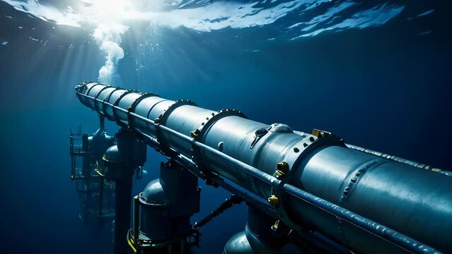 Underwater pipeline for oil and gas transport, subsea industry equipment at sea bottom, metal conduit in blue ocean, petroleum production and energy supply technology