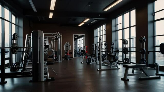 Fully equipped gym interior with bodybuilding machines. HD illustratr created with generative ai.