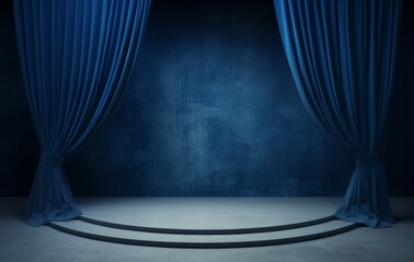 Blue stage with curtains and podium.