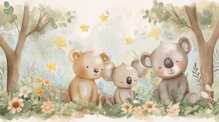 Charming Nursery Watercolor Illustration with Baby Bear, Playful Monkey, and Dozing Koala Surrounded by Gentle Stars in Soft Pastel Tones