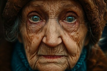 Closeup of an aged woman's face, highlighting her blue eyes and life's stories etched in wrinkles