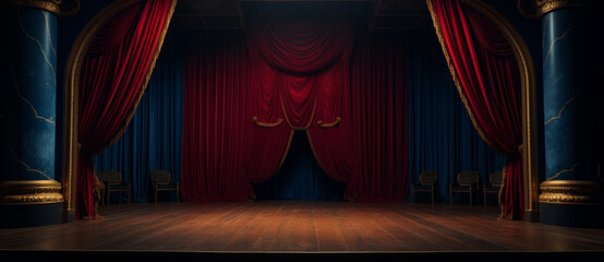 Red velvet curtain with gold frame. Cinema or theater stage background.