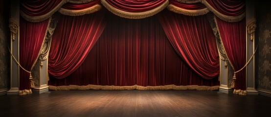 Red velvet curtain with gold frame. Cinema or theater stage background.
