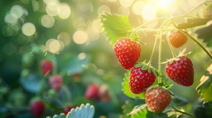 Close Up Shot of Ripe Strawberries on Plant with Vibrant Colors and Bokeh Garden Background with Copy Space