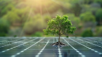 Tree Growing on Solar Panel for Green Energy