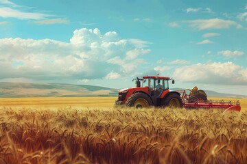 Fototapeta premium Red tractor preparing the soil in a vast, ripe wheat field under a blue sky