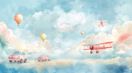 Cozy Vintage Themed Baby Nursery Watercolor Painting With Pastel Cars and Airplanes