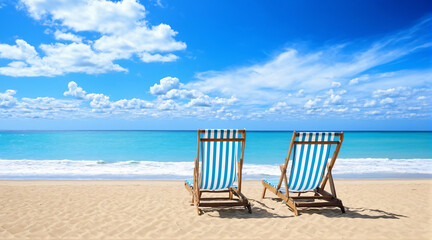Obraz premium Beach chairs on the beach on the sandy beach against the clear blue sky and clouds 