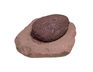 neolithic millstones and grinder on white, isolated