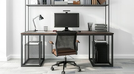 Stylish home office with an industrial desk, black computer monitor and brown leather chair, plus vintage mesh shelves for organization and decor against a white wall.