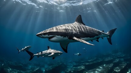 Obraz premium Megalodon swimming next to a modern Great White Shark for comparison, deep ocean Generative AI