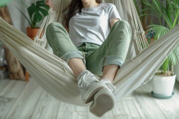 young woman, teenager swings on a hammock. Cozy children's room. Puberty. Transitional age. Girl