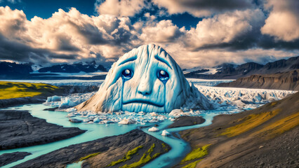 Surreal melting / crying glacier, illustration depicting climate change and global warming impact on environment.
