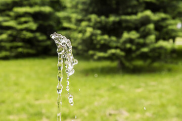 Water splash of park fountain closeup on green grass background