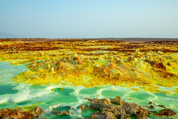 Extraterrestrial landscape with toxic lakes and sulphur minerals, Danakil Depression desert, Afar region, Ethiopia