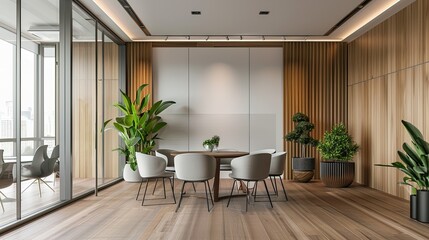 Interior design of a conference room or office with wooden and white sliding doors, glass window on top of the door frame. Office space in the style of modern minimalism.