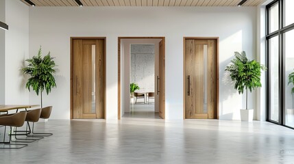 Interior design of a conference room or office with wooden and white sliding doors, glass window on top of the door frame. Office space in the style of modern minimalism.