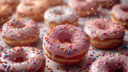 Pink donuts in dessert glaze. Composition of delicious sweet donuts in pink glaze. Baking donuts on a white background. Fresh bakery. Fried donuts.	