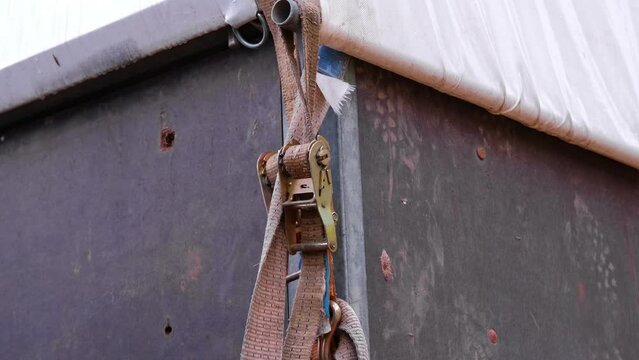 Shack Tent Roof Polyester Canvas Secured with Flat Belt Ratchet Cam Buckle Strap