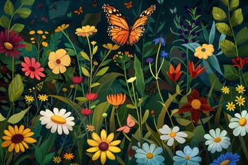 Obraz premium A beautiful illustration of a butterfly garden with various flowers and insects, emphasizing pollinator protection 