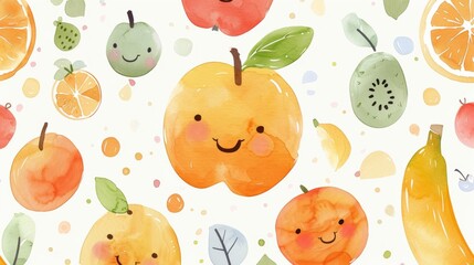 Charming Nursery Watercolor Art with Cute Smiling Fruits Including Apples, Oranges, and Bananas in Gentle Pastel Tones