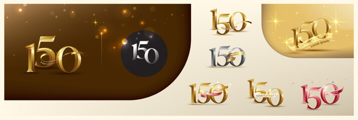 150th anniversary logotype modern gold number with shiny ribbon. alternative logo number Golden anniversary celebration