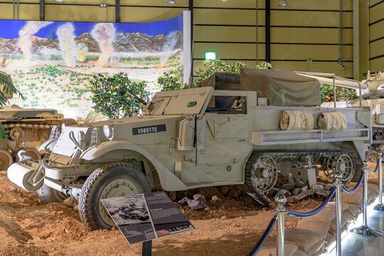 Royal Tank Museum, Amman, Jordan - May 4, 2024: American M3 half-track armored personnel carrier from the cold war era, showcased in the Royal Tank Museum in Jordan