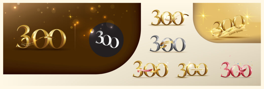 300th anniversary logotype modern gold number with shiny ribbon. alternative logo number Golden anniversary celebration