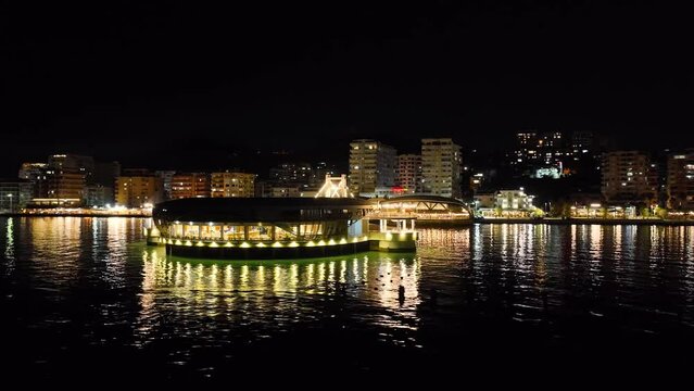 Pier and Promenade in Durres from a drone at night, Adriatic Sea, Albania, Europe	