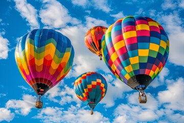 Obraz premium Colorful hot air balloons ascending in a bright blue sky with fluffy clouds
