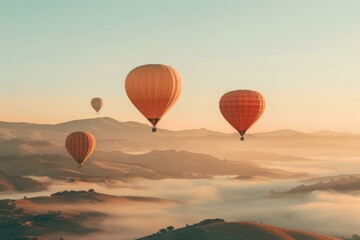 Hot air balloons soar over rolling hills and morning mist, creating a tranquil landscape at dawn