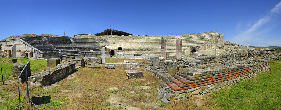 Amphitheaters - Roman ruins of an ancient city, Stobi, North Macedonia. City was founded in 359 BC.