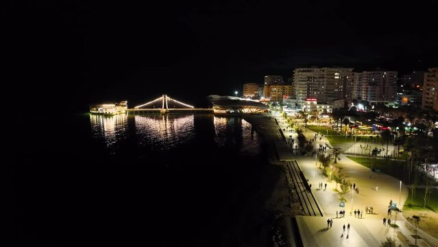 Pier and Promenade in Durres from a drone at night, Adriatic Sea, Albania, Europe	