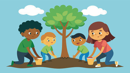Naklejka premium Three children working together to plant a large tree their determined expressions showing their dedication to the task.. Vector illustration