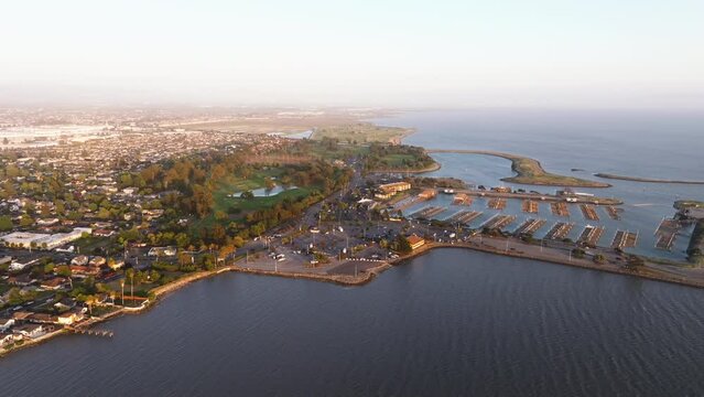 Aerial sunset view San Francisco San Leandro marina