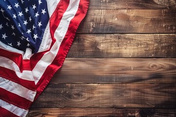 Obraz premium American flag on wooden plank background. Rustic and patriotic concept. Design for poster, banner, and greeting card.