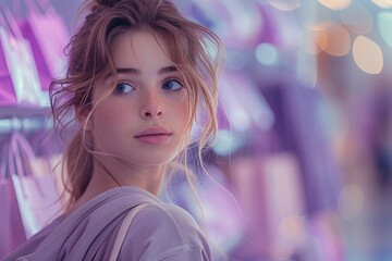 Young Woman Shopping in a Stylish Store with Pastel Lighting