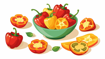 Red Pepper Vector Set, In Different Angled Views, Separated And In Bowl 