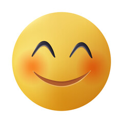Smiling emoticon with happy eyes and rosy cheeks 3D illustration. Shy emoji. Bashful yellow face with glossy eyes, flushed cheeks