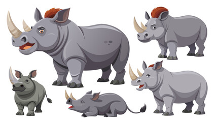Rhinoceros Vector Set, In Different Poses Like Sitting And Standing, Collection Of Rhinoceros, Animal Vector 
