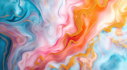 Abstract fluid art with gold accents. Colorful fluid art composition featuring vibrant pink, blue, and orange swirls, enhanced with shimmering gold accents