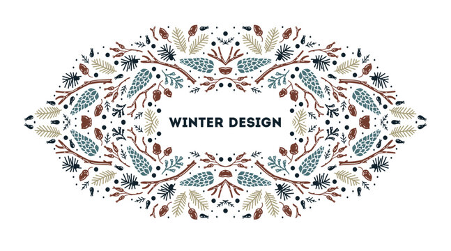 Luxury Christmas arabesque frame, abstract sketch winter floral design templates. Square, holly backgrounds with fir tree. Use for package, branding, decoration, banners