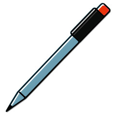 The image shows a stylized illustration of a ballpoint pen. The pen has a long, cylindrical, and shiny light blue body that tapers towards the tip. At the writing end, there is a conical section that 